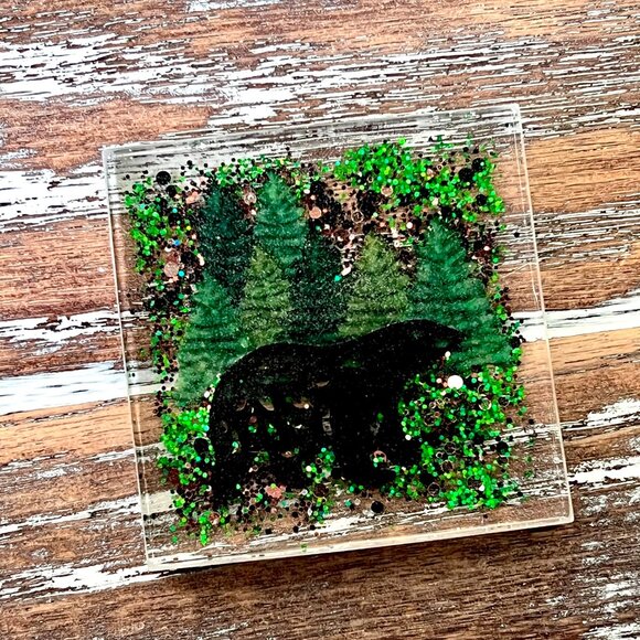 Black Bear Glitter Resin Drink Coasters Set of 4 House Housewarming Gift Kitchen - Picture 3 of 4